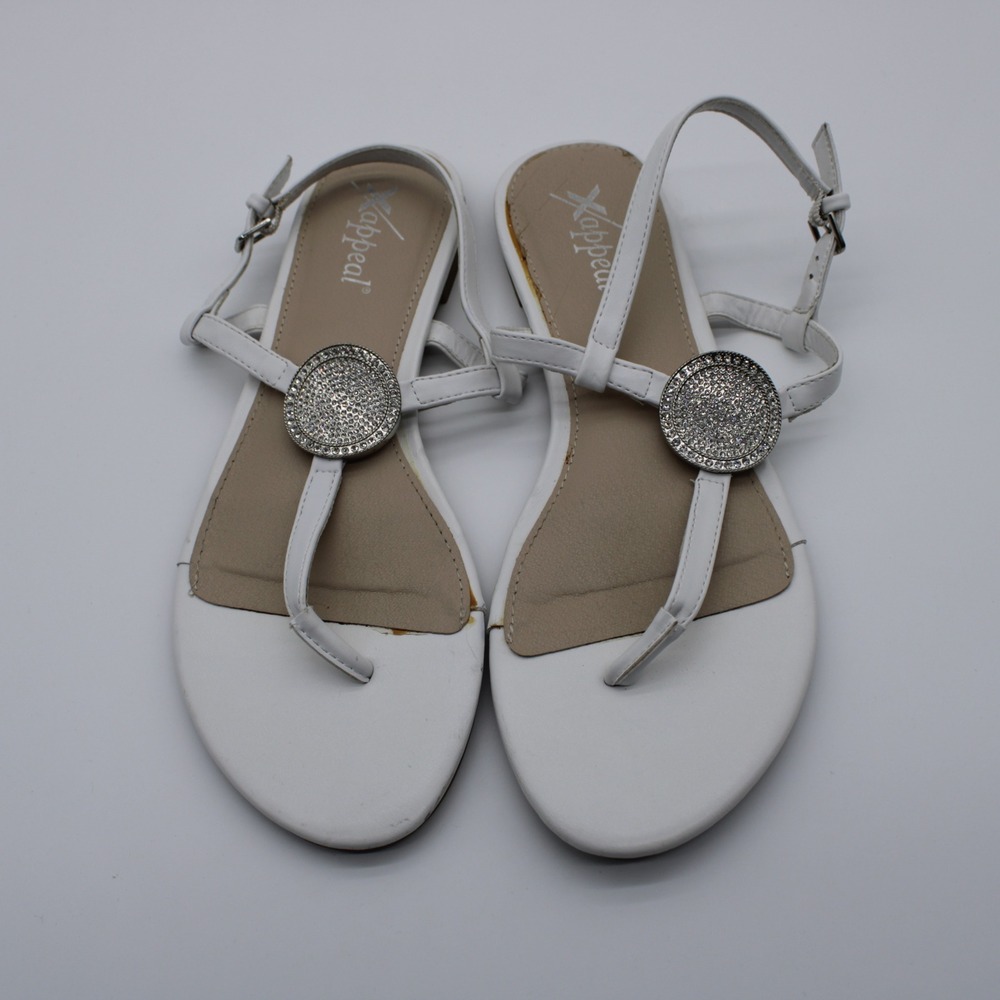 Xappeal Womens White Rhinestone Medallion Thong Sandals Size 9 Strappy Flat